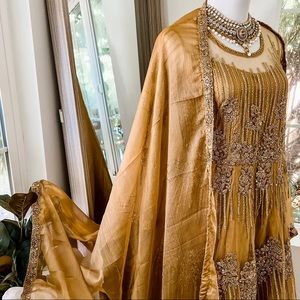 Indian Pakistani Heavy Embroidered Net Gown Anarkali Suit with Dupatta and Pant